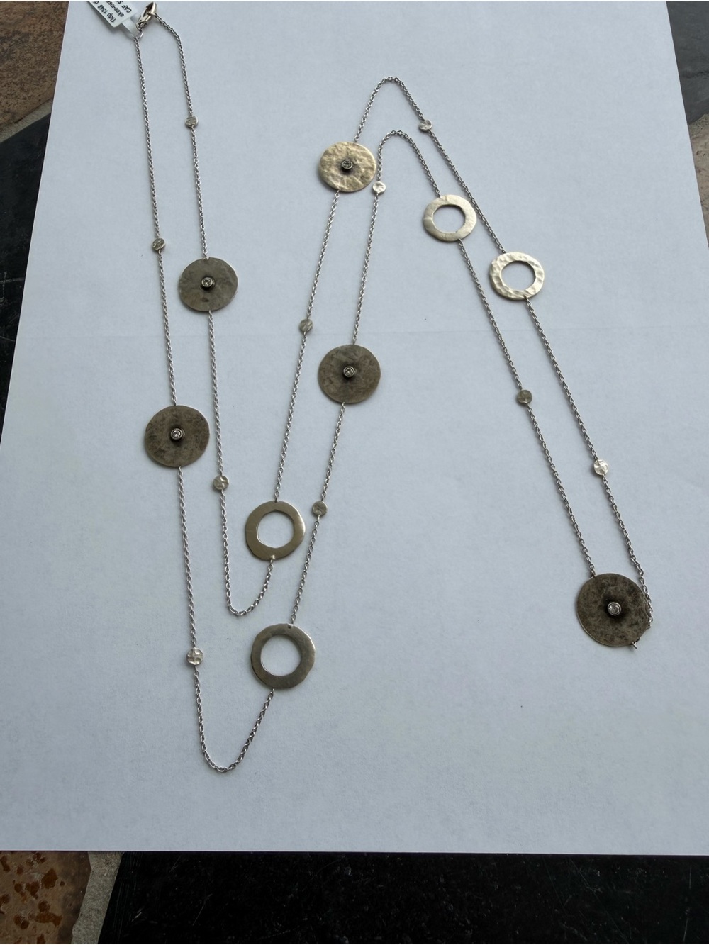 14kt. White Gold hammered Diamonds on Disc & Open Circle Long Necklace 50”